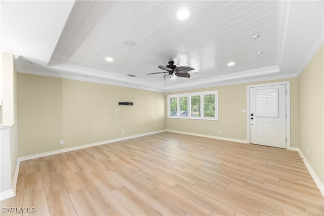 1135 7th St S, Naples, FL 34102 - empty room with ornamental molding, ceiling fan, light wood-style floors, a raised ceiling, and recessed lighting