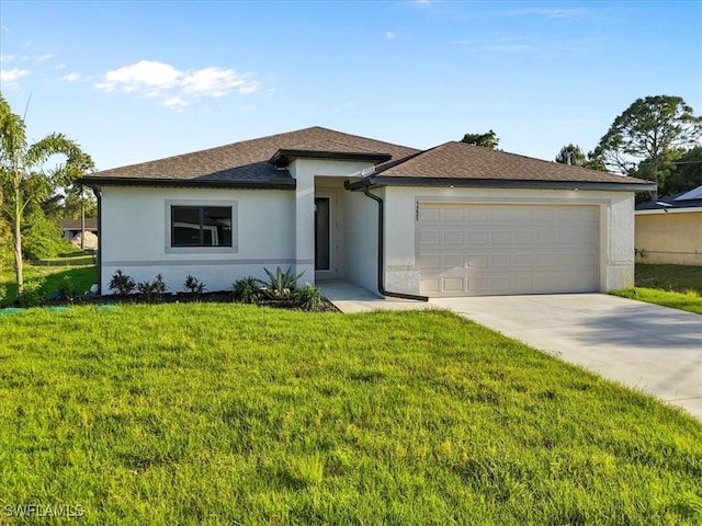 3225 58th St W, Lehigh Acres, FL 33971 - view of front of property with driveway, a garage, stucco siding, and a front yard