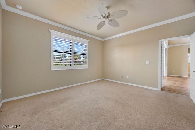spare room with ornamental molding, healthy amount of natural light, light carpet, and baseboards
