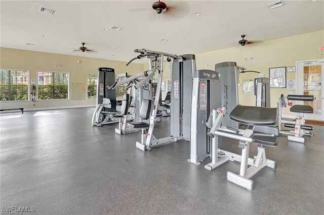exercise room with ceiling fan and visible vents