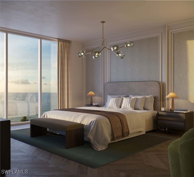 bedroom featuring a notable chandelier