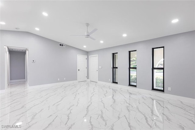 242 Ground Dove Cir, Lehigh Acres, FL 33936 - unfurnished room with marble finish flooring, vaulted ceiling, recessed lighting, ceiling fan, and baseboards