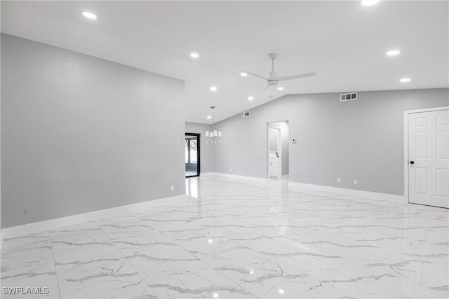 242 Ground Dove Cir, Lehigh Acres, FL 33936 - empty room with a ceiling fan, baseboards, recessed lighting, lofted ceiling, and marble finish floors