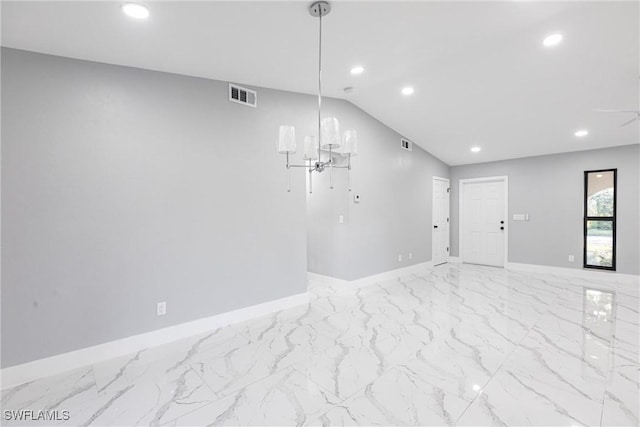 242 Ground Dove Cir, Lehigh Acres, FL 33936 - spare room with marble finish floors, baseboards, recessed lighting, vaulted ceiling, and a ceiling fan