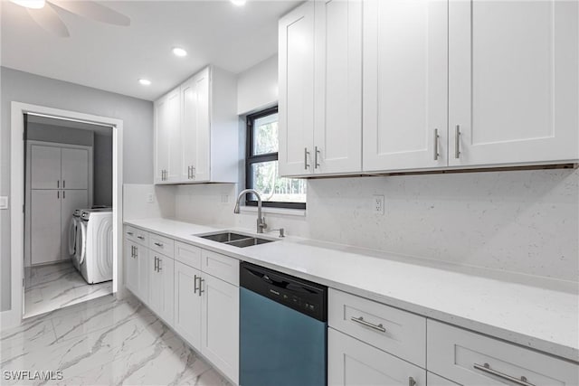 242 Ground Dove Cir, Lehigh Acres, FL 33936 - kitchen with dishwasher, a sink, washing machine and clothes dryer, ceiling fan, and recessed lighting