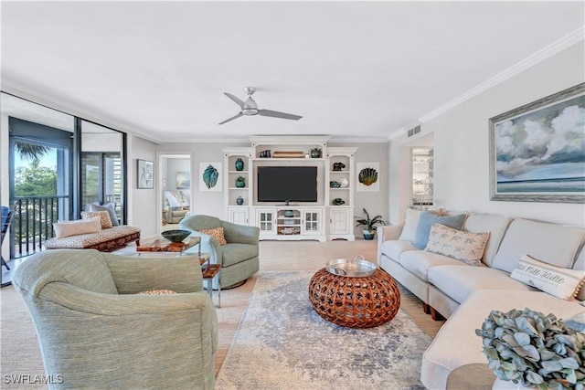 2400 Gulf Shore Blvd N Unit 203, Naples, FL 34103 - living room with crown molding and ceiling fan