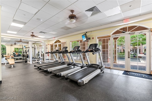 20310 Estero Gardens Cir Unit 102, Estero, FL 33928 - workout area with a ceiling fan, french doors, a drop ceiling, and visible vents