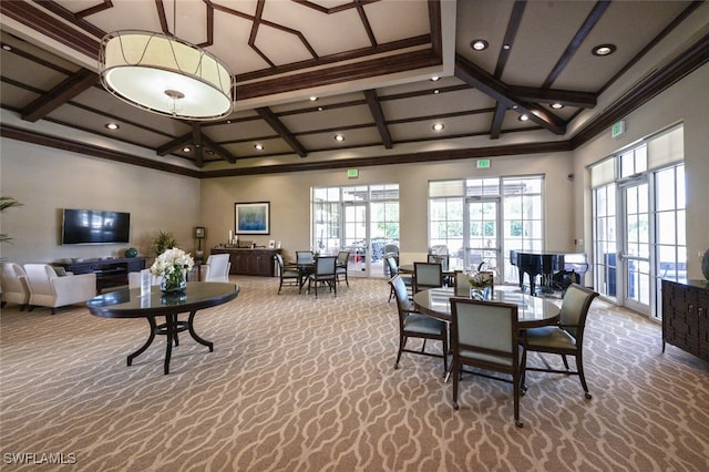 community lobby featuring coffered ceiling, crown molding, and recessed lighting