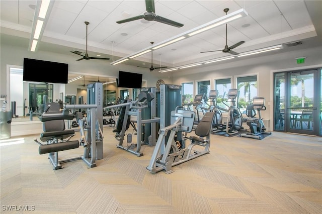 gym featuring visible vents, carpet flooring, ceiling fan, and a healthy amount of sunlight