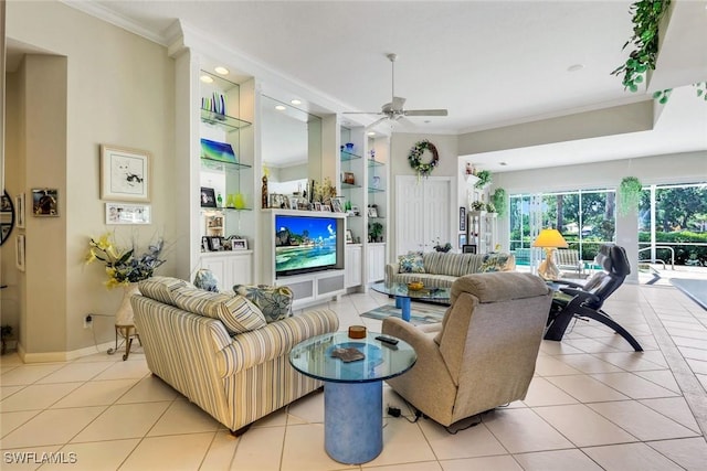 2783 Island Pond Ln, Naples, FL 34119 - living area with built in features, a ceiling fan, ornamental molding, and light tile patterned floors