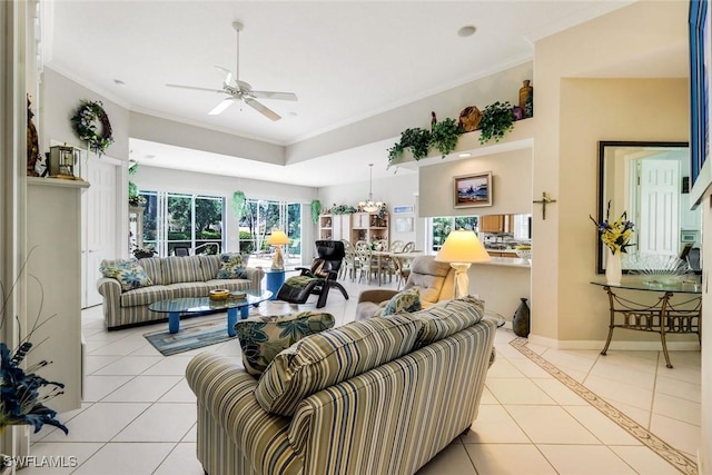 2783 Island Pond Ln, Naples, FL 34119 - living room featuring baseboards, a ceiling fan, ornamental molding, and light tile patterned floors
