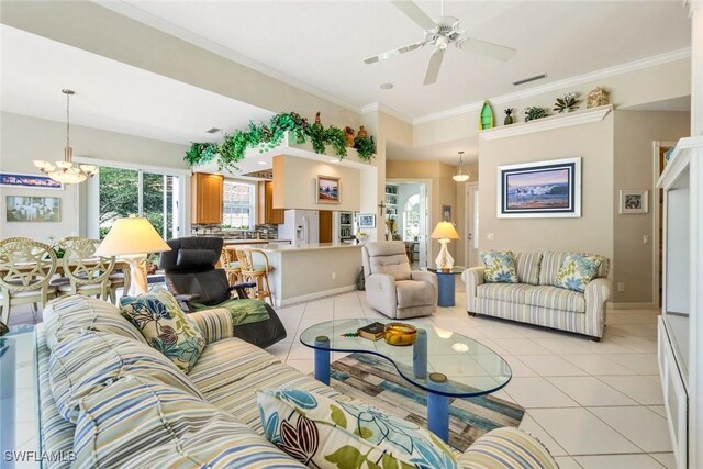 2783 Island Pond Ln, Naples, FL 34119 - living room featuring ceiling fan with notable chandelier, visible vents, ornamental molding, and light tile patterned floors