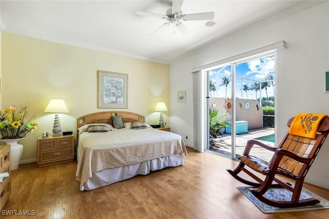 2783 Island Pond Ln, Naples, FL 34119 - bedroom featuring crown molding, light wood-style floors, ceiling fan, and access to exterior
