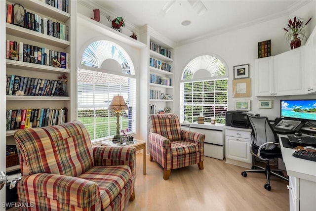 2783 Island Pond Ln, Naples, FL 34119 - home office with light wood finished floors, built in study area, and ornamental molding