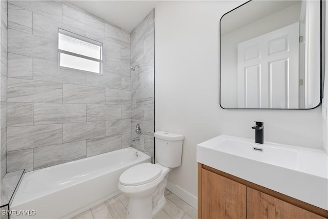 bathroom with toilet, shower / bathtub combination, vanity, and baseboards