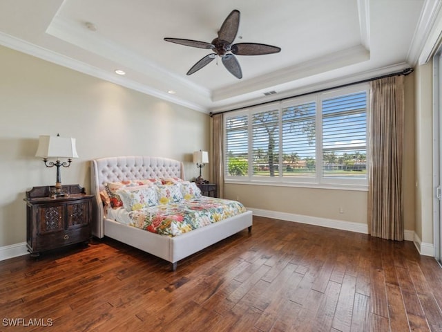 28561 Calabria Ct Unit 102, Naples, FL 34110 - bedroom featuring a raised ceiling, crown molding, wood-type flooring, baseboards, and recessed lighting