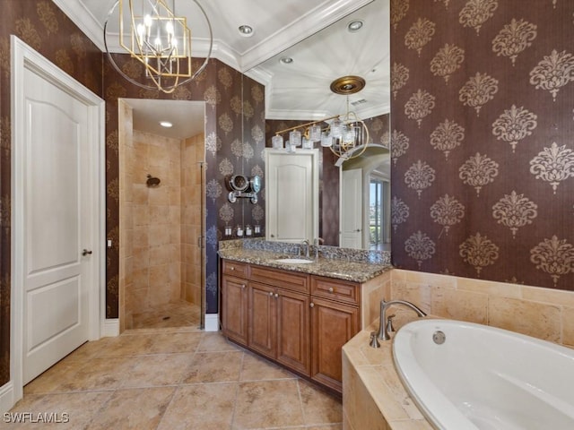 28561 Calabria Ct Unit 102, Naples, FL 34110 - full bath featuring a chandelier, crown molding, a garden tub, wallpapered walls, and tiled shower