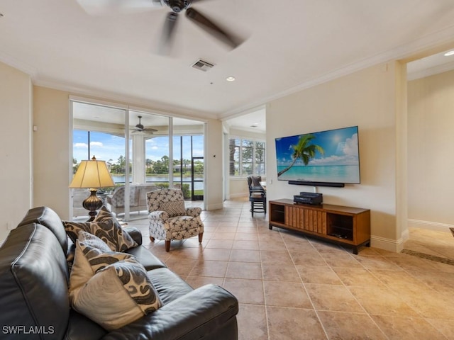 28561 Calabria Ct Unit 102, Naples, FL 34110 - living area with a ceiling fan, ornamental molding, baseboards, light tile patterned floors, and recessed lighting