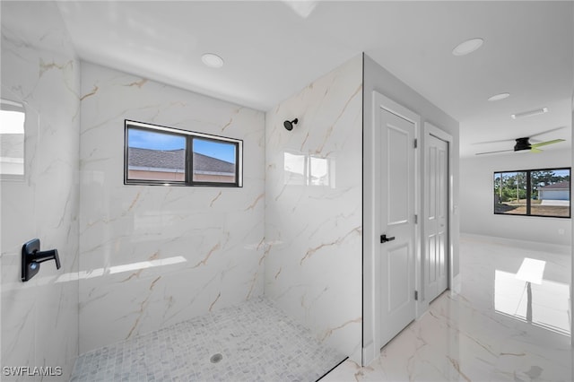 2603 36th St SW, Lehigh Acres, FL 33976 - bathroom featuring marble tiled floors, a marble finish shower, and recessed lighting