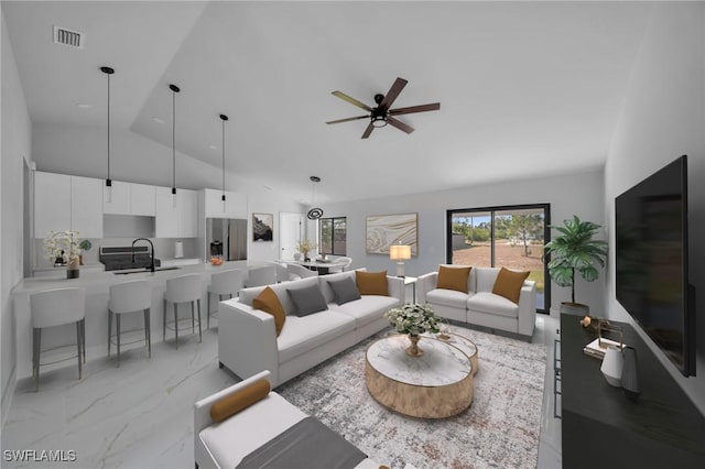 2603 36th St SW, Lehigh Acres, FL 33976 - living area featuring a ceiling fan and high vaulted ceiling