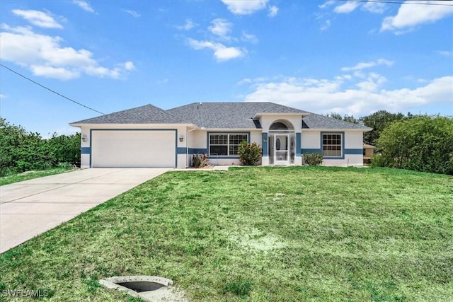 167 Pembroke St, Lehigh Acres, FL 33974 - ranch-style house with concrete driveway, stucco siding, a front yard, and a garage