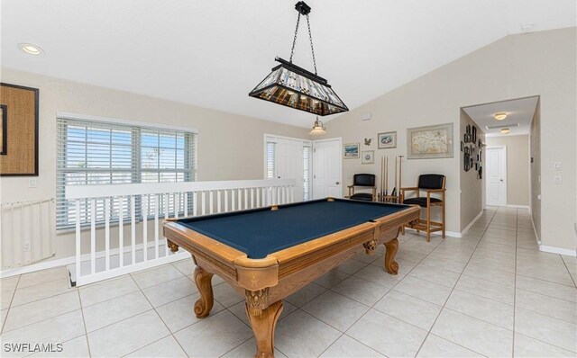 24343 Pirate Harbor Blvd, Punta Gorda, FL 33955 - playroom featuring pool table, light tile patterned floors, baseboards, lofted ceiling, and recessed lighting