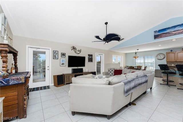 24343 Pirate Harbor Blvd, Punta Gorda, FL 33955 - living area with vaulted ceiling, a ceiling fan, and light tile patterned floors