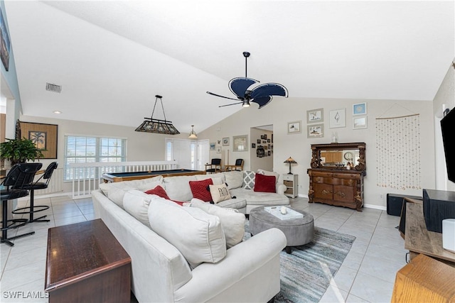 24343 Pirate Harbor Blvd, Punta Gorda, FL 33955 - living room with ceiling fan, vaulted ceiling, visible vents, and light tile patterned floors