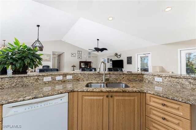 24343 Pirate Harbor Blvd, Punta Gorda, FL 33955 - kitchen featuring a sink, open floor plan, vaulted ceiling, a ceiling fan, and dishwasher