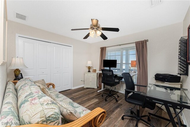 24343 Pirate Harbor Blvd, Punta Gorda, FL 33955 - office featuring ceiling fan, visible vents, baseboards, and dark wood-style flooring