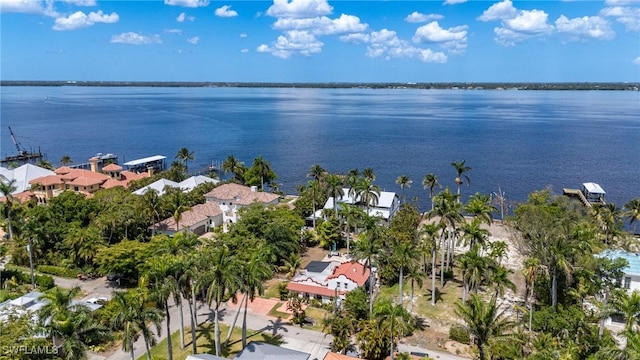 drone / aerial view featuring a water view and a residential view