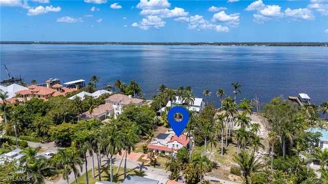 aerial view featuring a water view and a residential view