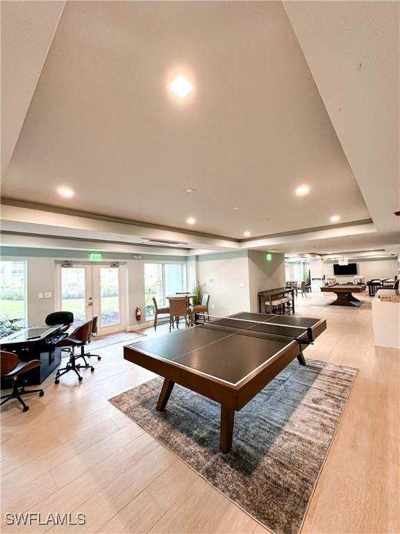 recreation room with a raised ceiling, french doors, plenty of natural light, and light wood-style flooring