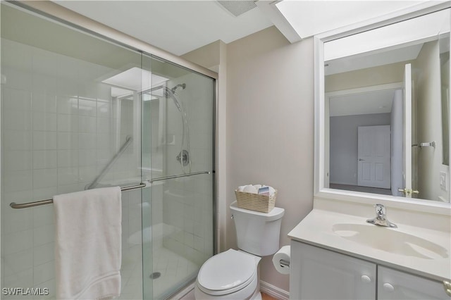bathroom featuring a shower stall, toilet, vanity, and visible vents
