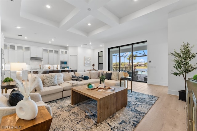 16214 Verilyn Cir, Naples, FL 34110 - living area with beam ceiling, light wood-type flooring, baseboards, recessed lighting, and coffered ceiling