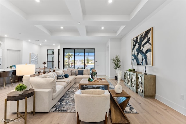 16214 Verilyn Cir, Naples, FL 34110 - living area with light wood-type flooring, beam ceiling, recessed lighting, and coffered ceiling