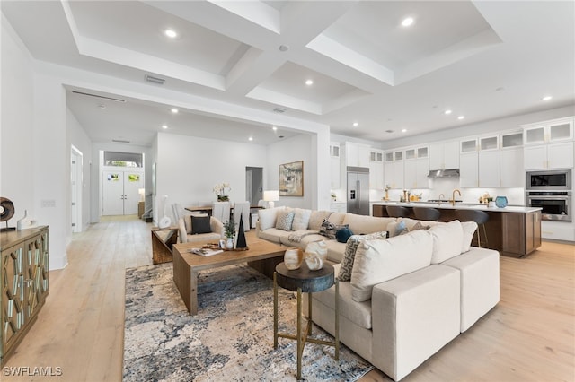 16214 Verilyn Cir, Naples, FL 34110 - living area with light wood finished floors, recessed lighting, coffered ceiling, and beamed ceiling