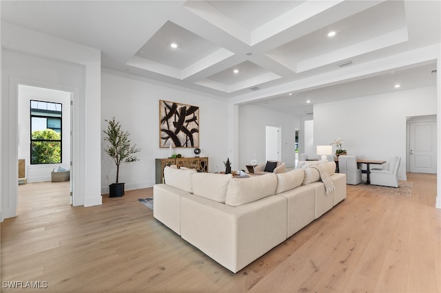 16214 Verilyn Cir, Naples, FL 34110 - living room with recessed lighting, coffered ceiling, beam ceiling, and light wood-style flooring