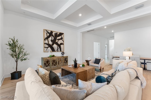 16214 Verilyn Cir, Naples, FL 34110 - living area featuring recessed lighting, light wood finished floors, coffered ceiling, visible vents, and beam ceiling