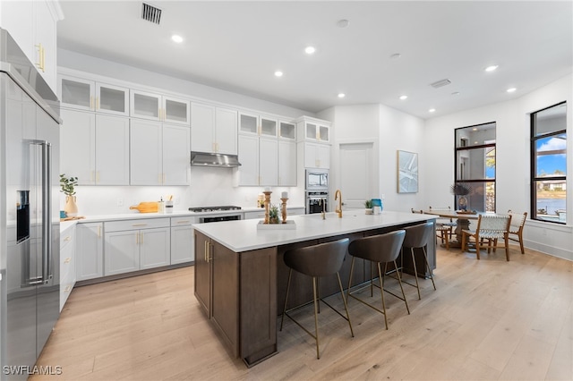 16214 Verilyn Cir, Naples, FL 34110 - kitchen with light wood-style flooring, built in appliances, light countertops, under cabinet range hood, and an island with sink