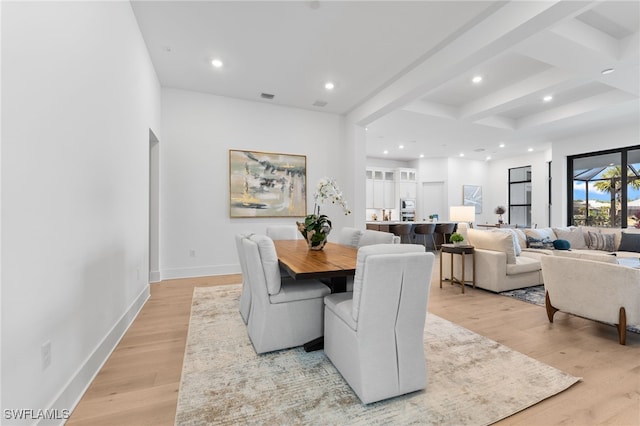 16214 Verilyn Cir, Naples, FL 34110 - dining room with light wood-type flooring, beamed ceiling, coffered ceiling, visible vents, and recessed lighting