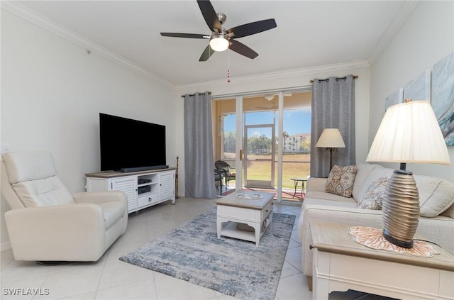 tiled living room with crown molding and ceiling fan
