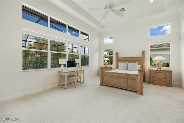 bedroom featuring light carpet, baseboards, and ornamental molding
