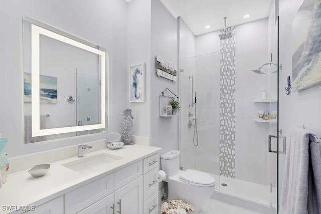 140 Seaview Ct Unit 103N, Marco Island, FL 34145 - bathroom featuring vanity, toilet, recessed lighting, and a stall shower