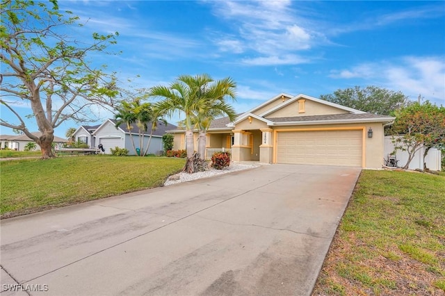 ranch-style home with a garage, stucco siding, driveway, and a front lawn