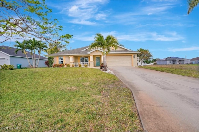 single story home with a garage, stucco siding, driveway, and a front yard