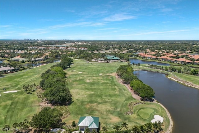 aerial view with a water view, a residential view, and golf course view