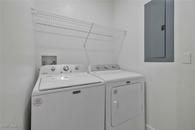 laundry room featuring washing machine and clothes dryer, electric panel, and laundry area