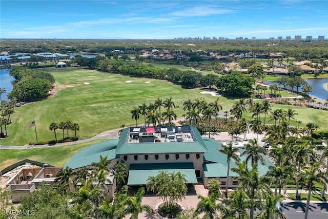bird's eye view with a water view and golf course view