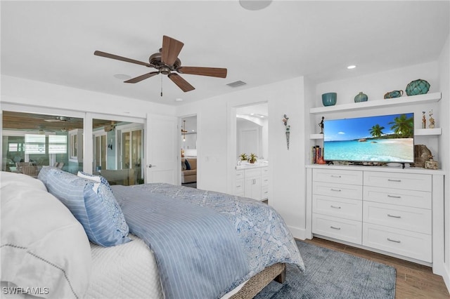 bedroom featuring recessed lighting, wood finished floors, visible vents, a ceiling fan, and connected bathroom